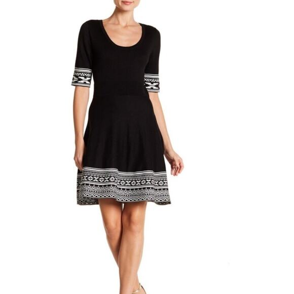 Nina Leonard Dresses & Skirts - Nina Leonard Knit Fit & Flare Sweater Dress Black White Scroll Print Small NWOT